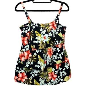 Island Pearl Black Floral Tankini Top Sz 16 Layered Wirered Bra Ajustable Strap